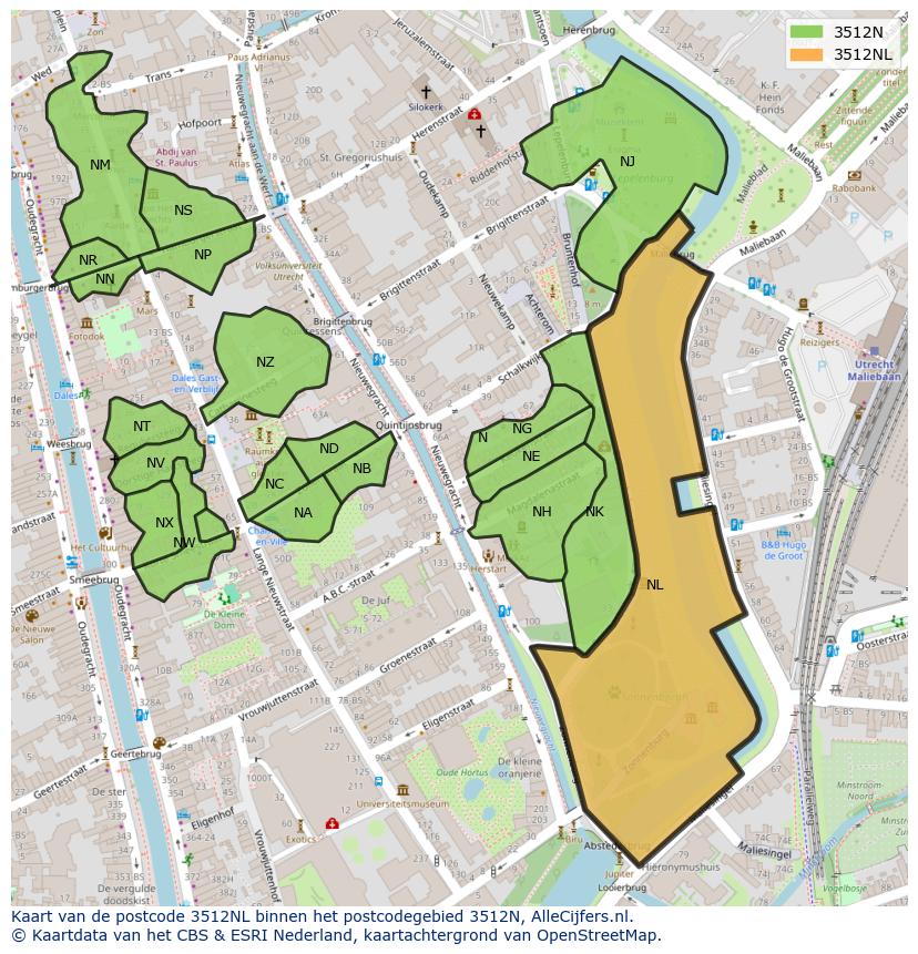 Afbeelding van het postcodegebied 3512 NL op de kaart.