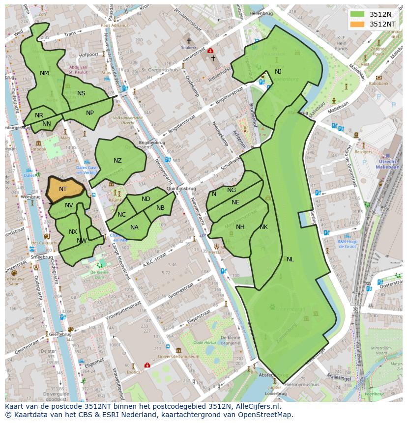 Afbeelding van het postcodegebied 3512 NT op de kaart.