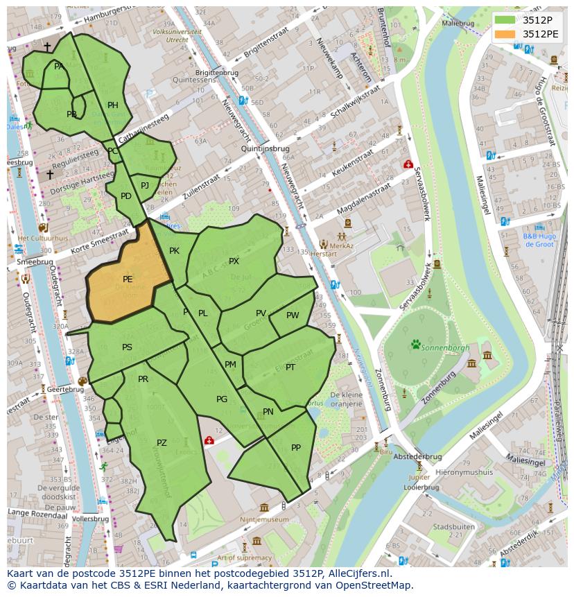Afbeelding van het postcodegebied 3512 PE op de kaart.