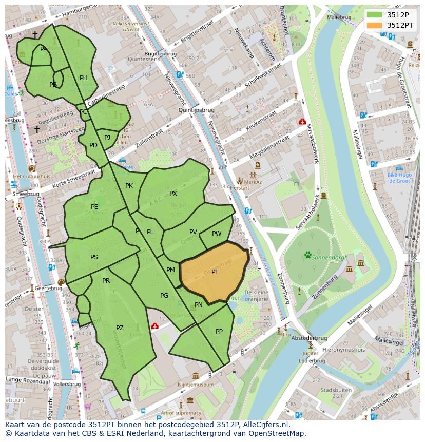 Afbeelding van het postcodegebied 3512 PT op de kaart.