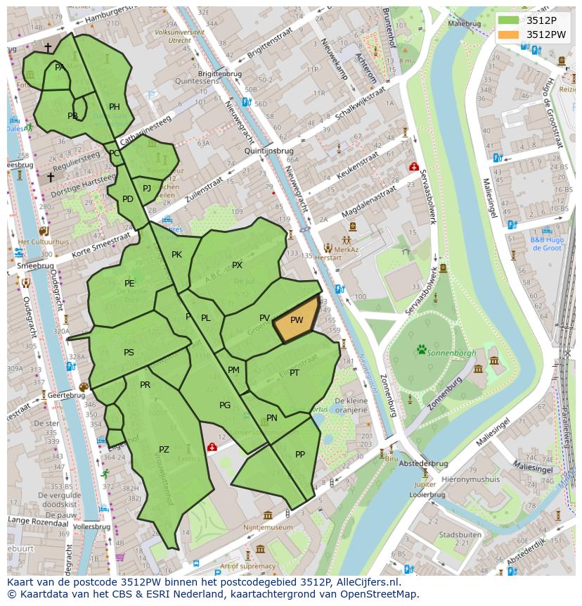 Afbeelding van het postcodegebied 3512 PW op de kaart.