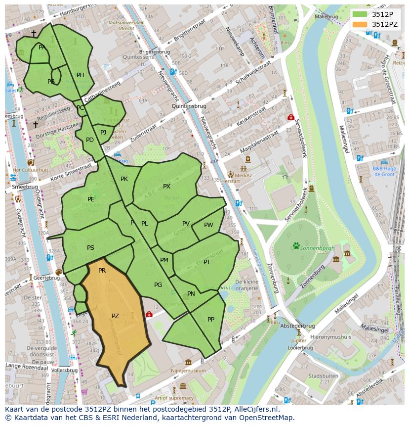Afbeelding van het postcodegebied 3512 PZ op de kaart.