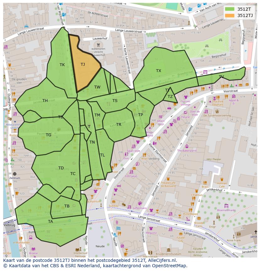 Afbeelding van het postcodegebied 3512 TJ op de kaart.