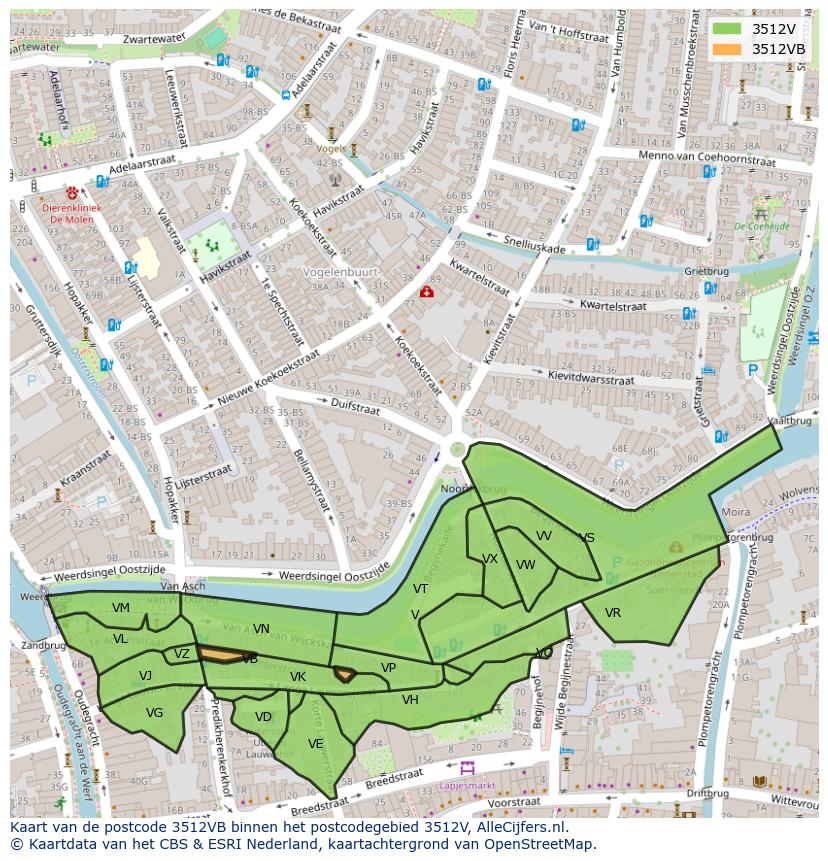 Afbeelding van het postcodegebied 3512 VB op de kaart.