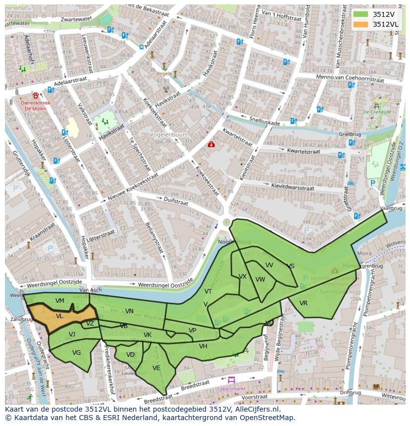 Afbeelding van het postcodegebied 3512 VL op de kaart.