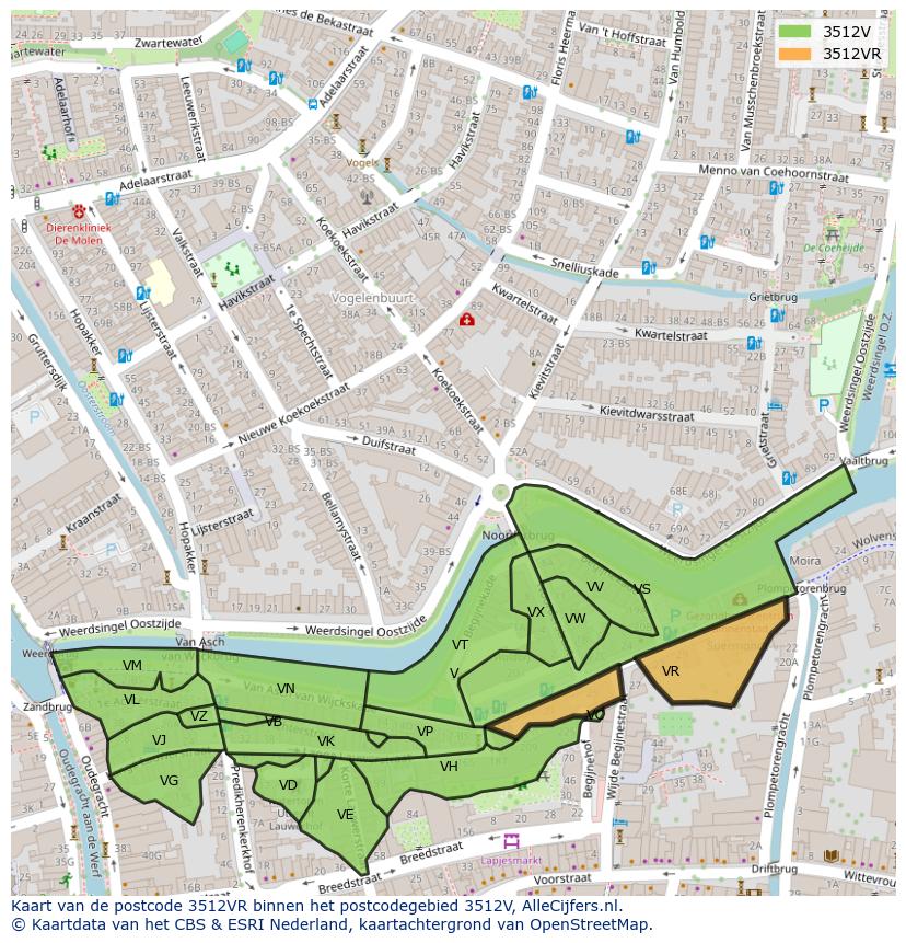 Afbeelding van het postcodegebied 3512 VR op de kaart.