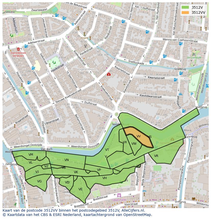 Afbeelding van het postcodegebied 3512 VV op de kaart.