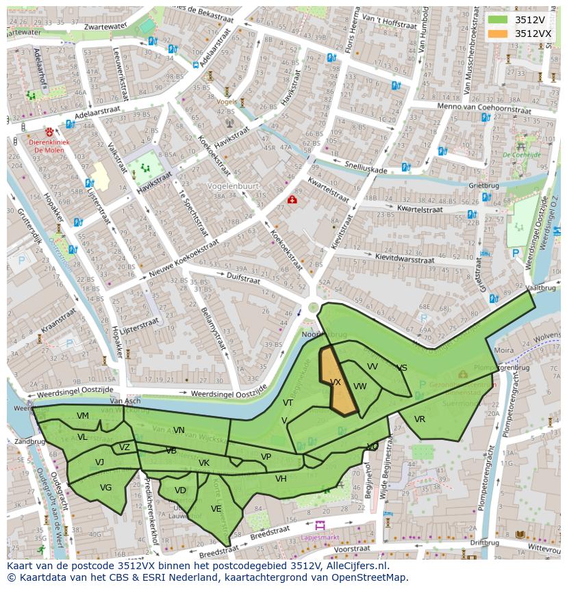 Afbeelding van het postcodegebied 3512 VX op de kaart.