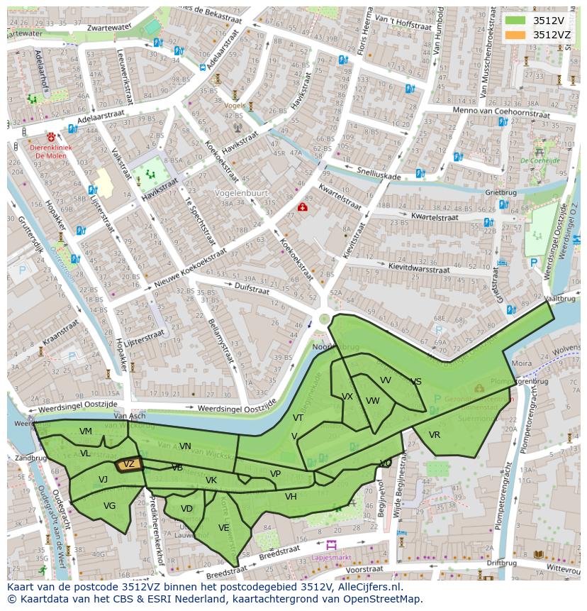 Afbeelding van het postcodegebied 3512 VZ op de kaart.