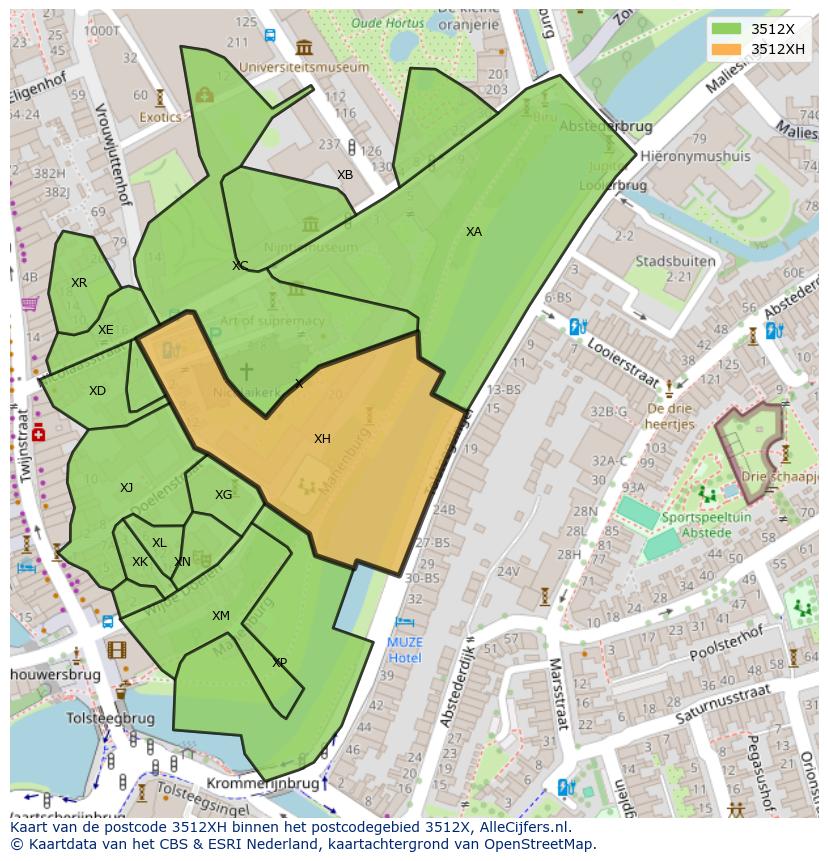 Afbeelding van het postcodegebied 3512 XH op de kaart.