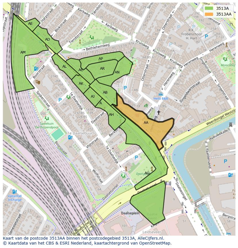 Afbeelding van het postcodegebied 3513 AA op de kaart.