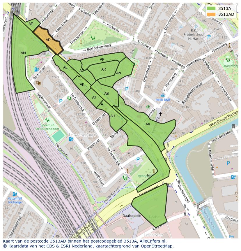 Afbeelding van het postcodegebied 3513 AD op de kaart.