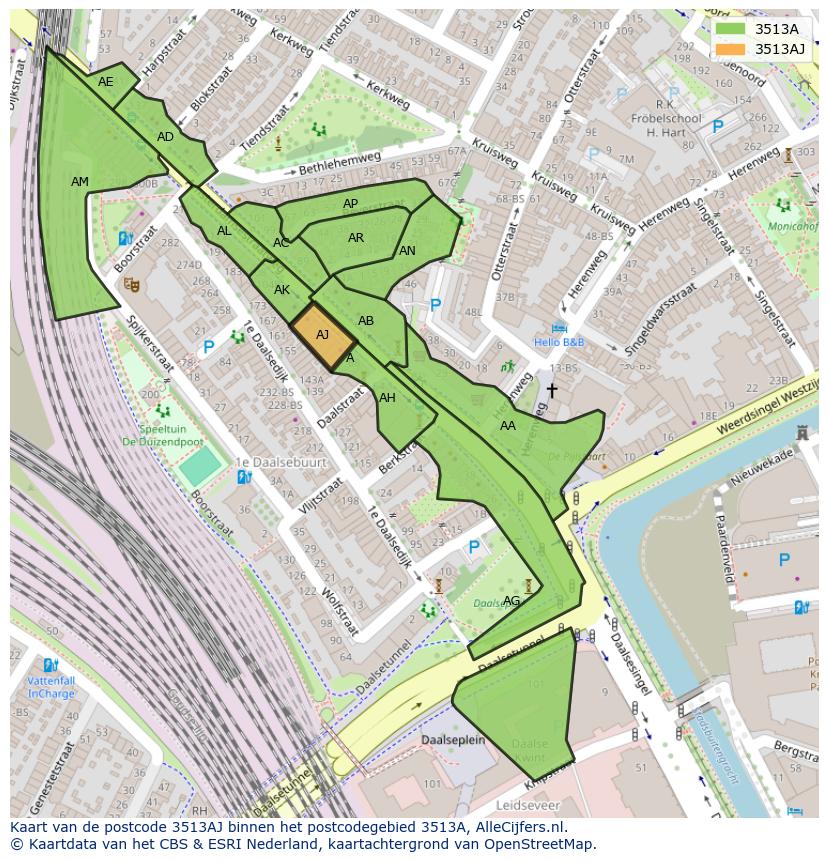 Afbeelding van het postcodegebied 3513 AJ op de kaart.