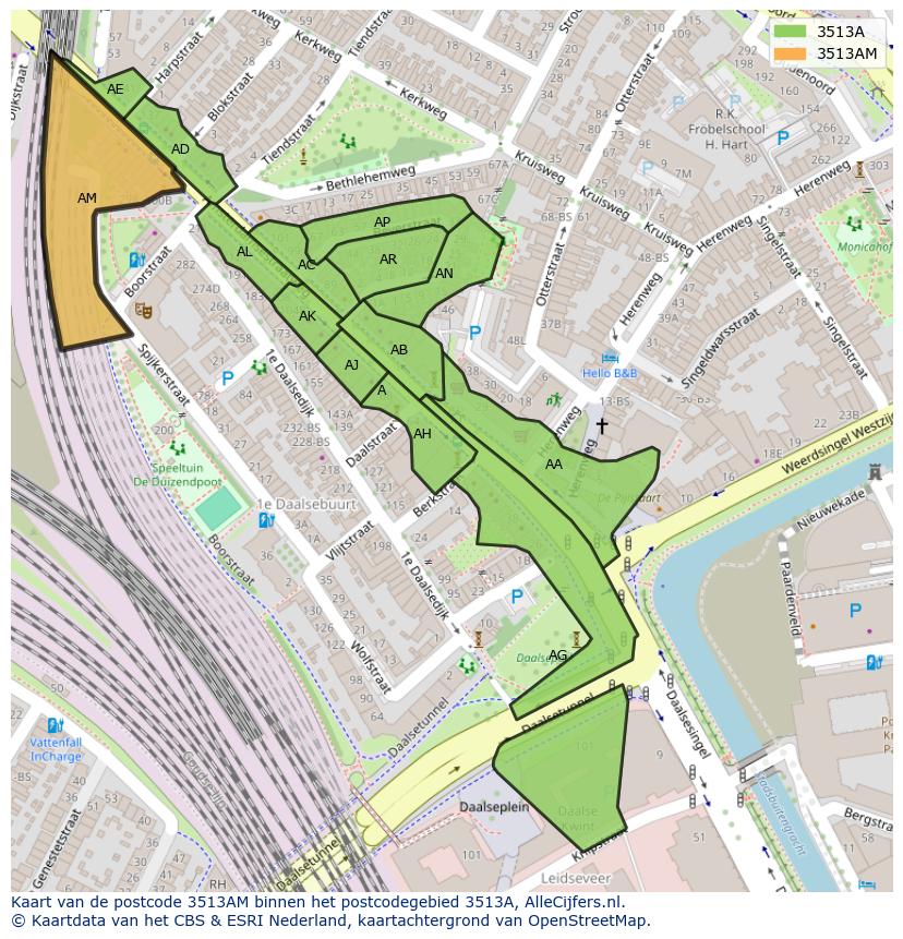 Afbeelding van het postcodegebied 3513 AM op de kaart.