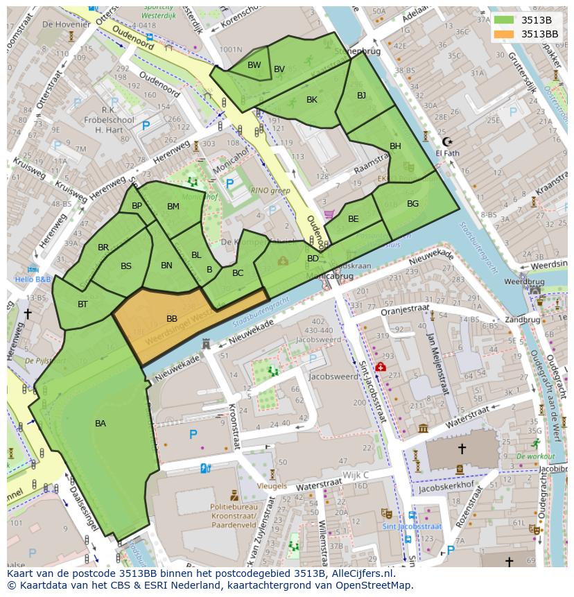Afbeelding van het postcodegebied 3513 BB op de kaart.