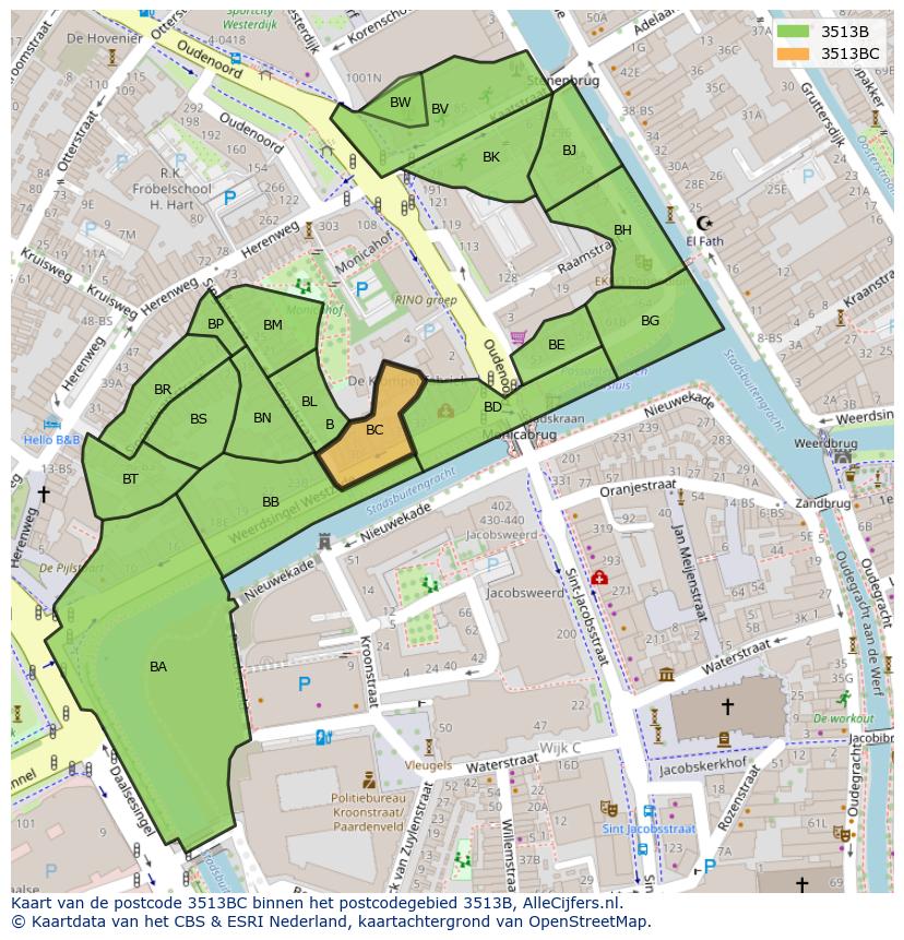 Afbeelding van het postcodegebied 3513 BC op de kaart.