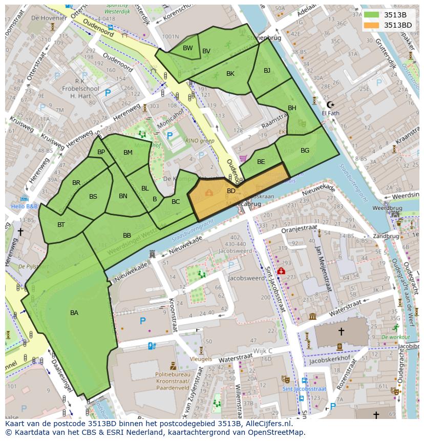 Afbeelding van het postcodegebied 3513 BD op de kaart.