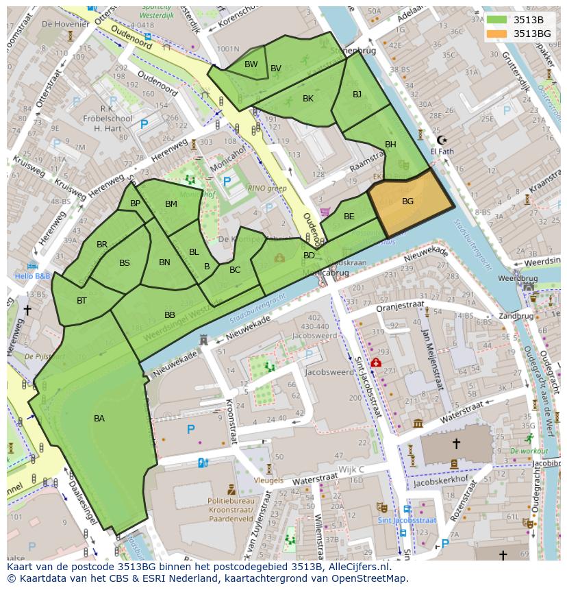 Afbeelding van het postcodegebied 3513 BG op de kaart.