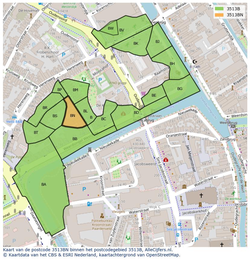 Afbeelding van het postcodegebied 3513 BN op de kaart.