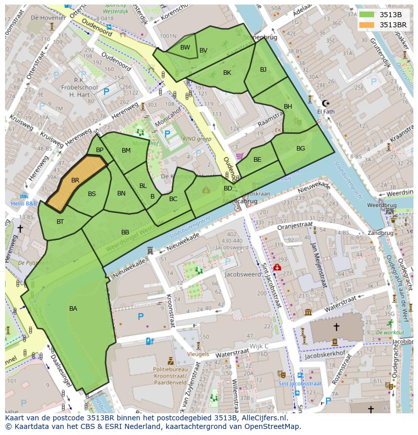 Afbeelding van het postcodegebied 3513 BR op de kaart.