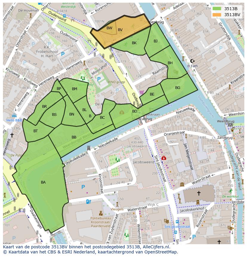 Afbeelding van het postcodegebied 3513 BV op de kaart.