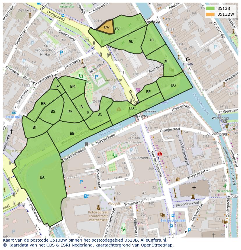 Afbeelding van het postcodegebied 3513 BW op de kaart.