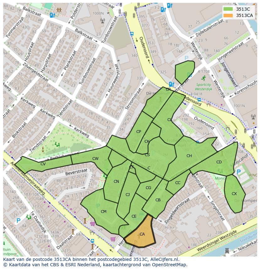 Afbeelding van het postcodegebied 3513 CA op de kaart.