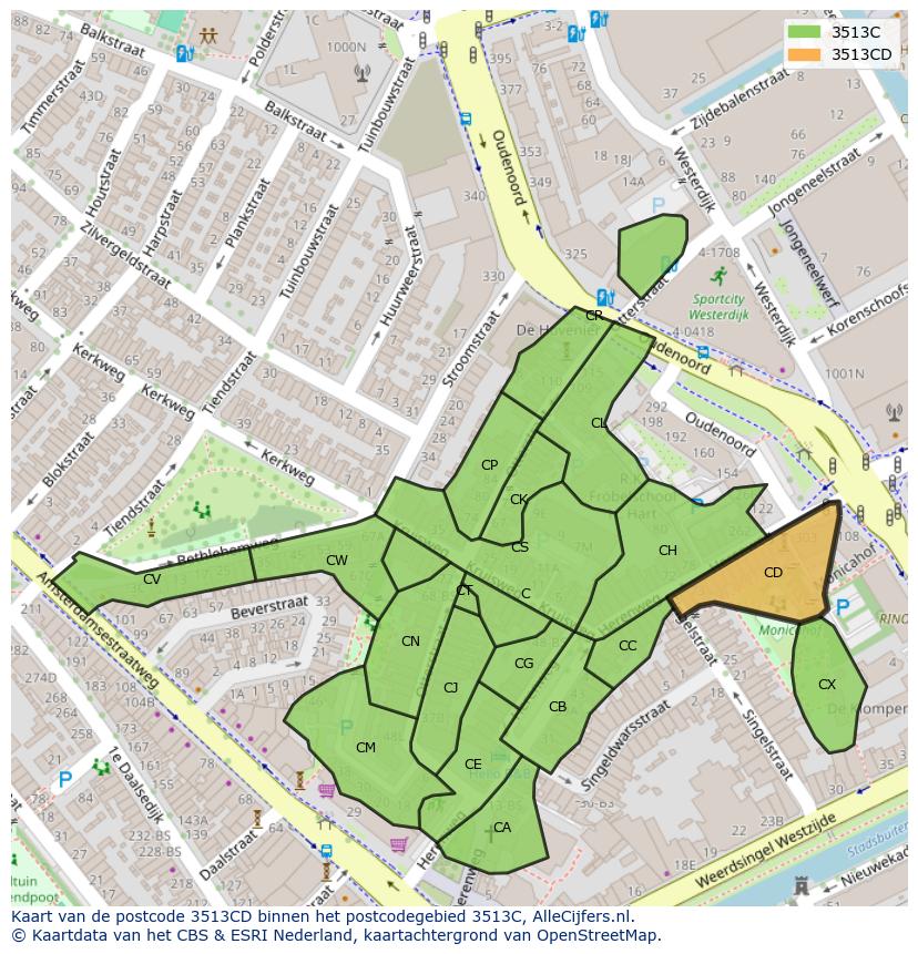 Afbeelding van het postcodegebied 3513 CD op de kaart.