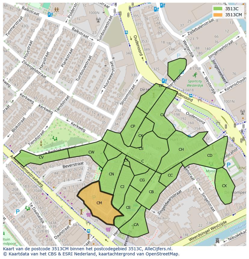 Afbeelding van het postcodegebied 3513 CM op de kaart.