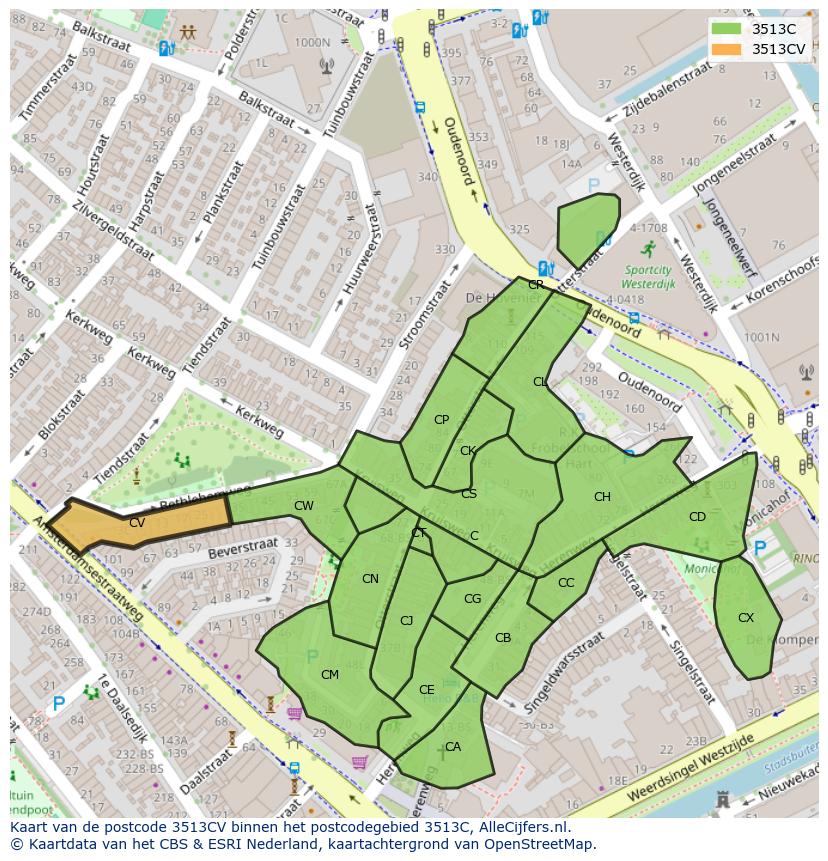 Afbeelding van het postcodegebied 3513 CV op de kaart.