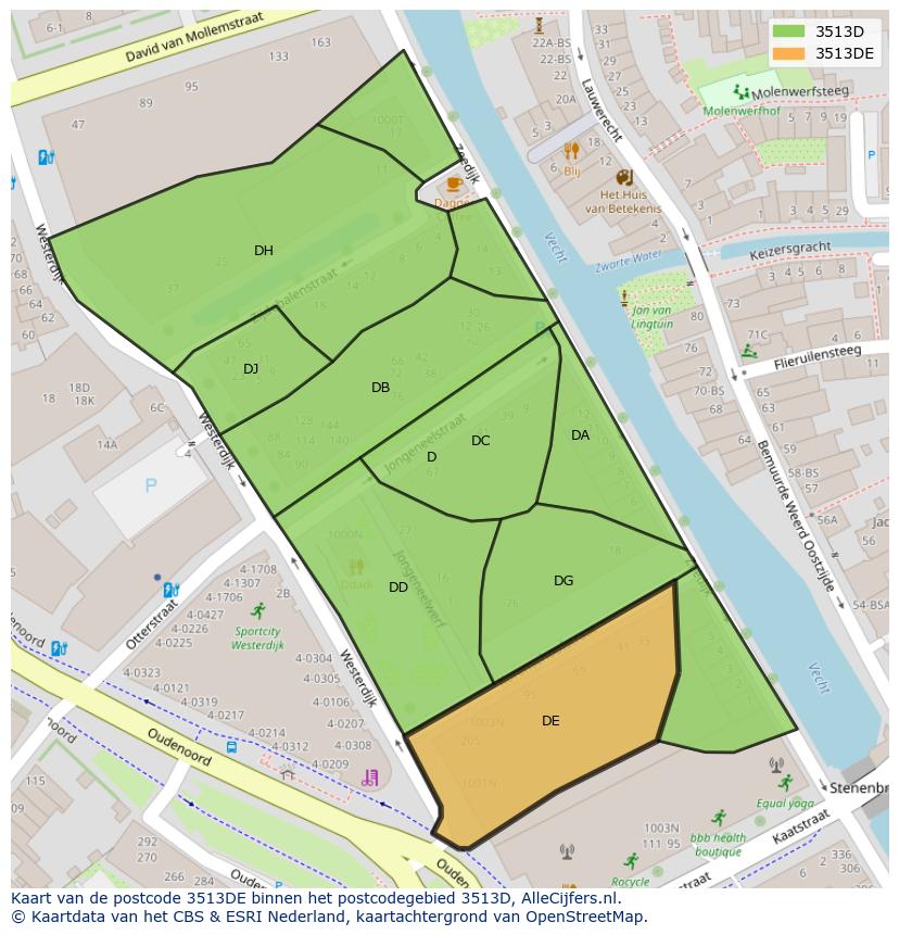Afbeelding van het postcodegebied 3513 DE op de kaart.