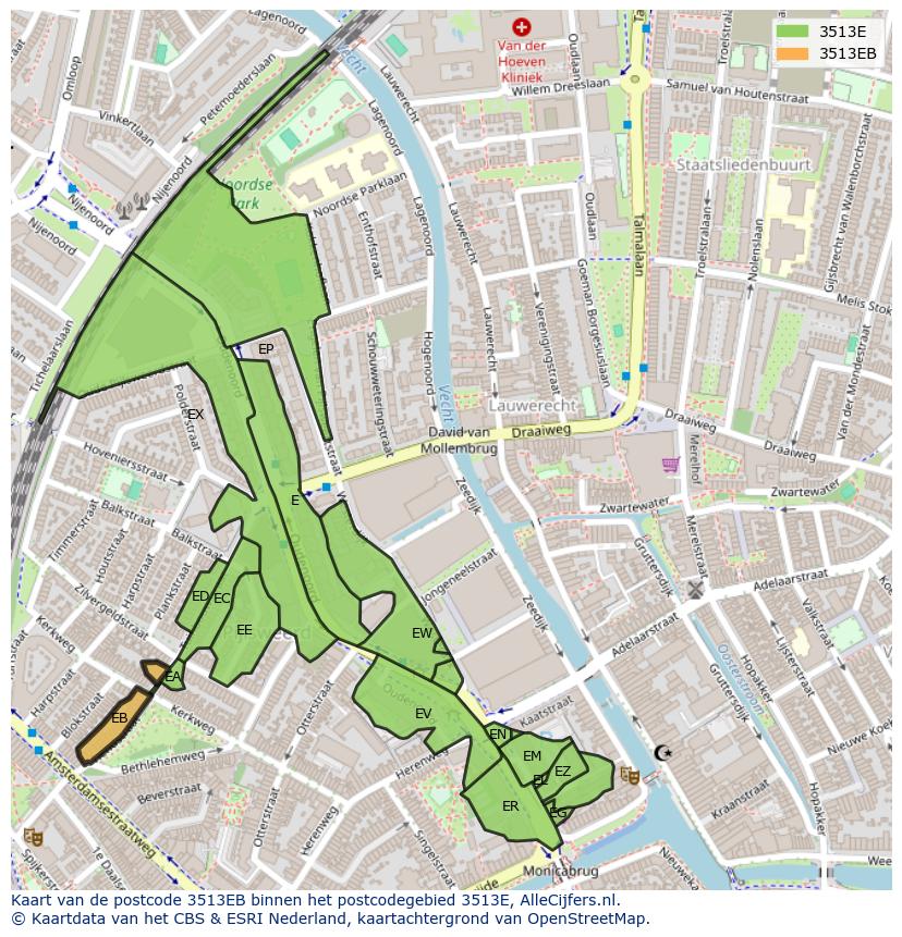 Afbeelding van het postcodegebied 3513 EB op de kaart.