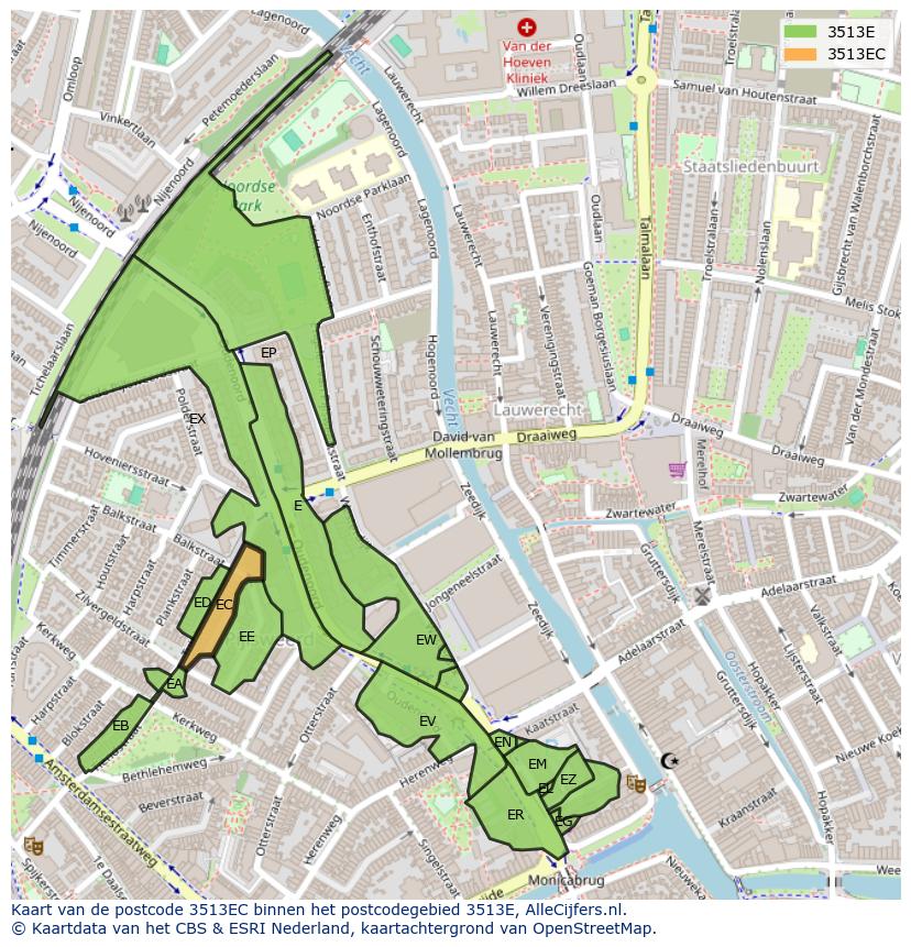Afbeelding van het postcodegebied 3513 EC op de kaart.