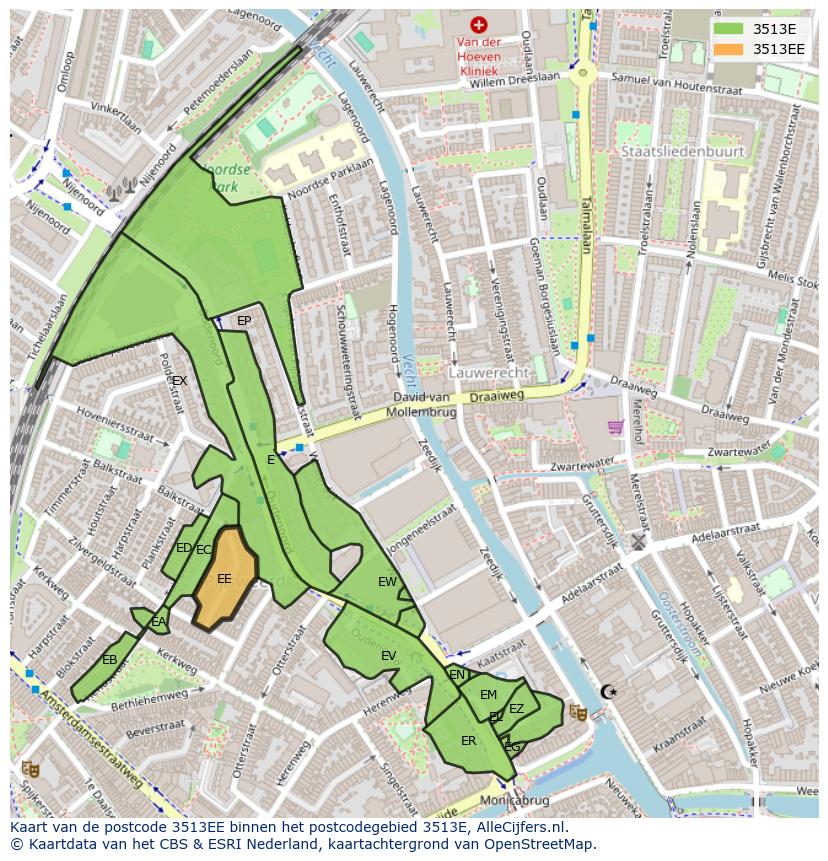 Afbeelding van het postcodegebied 3513 EE op de kaart.