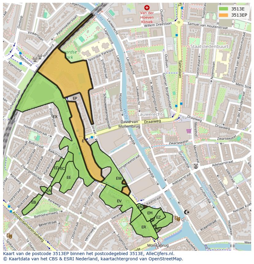 Afbeelding van het postcodegebied 3513 EP op de kaart.