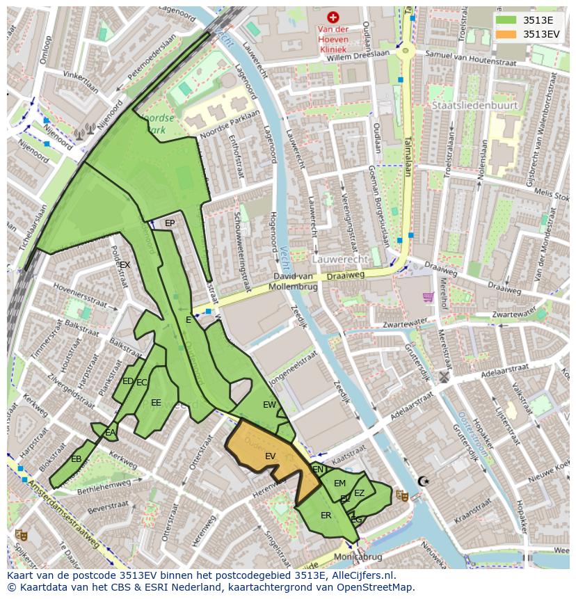 Afbeelding van het postcodegebied 3513 EV op de kaart.