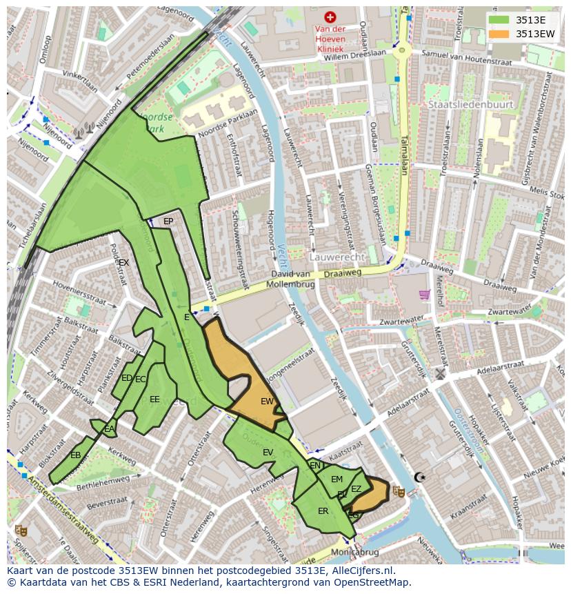 Afbeelding van het postcodegebied 3513 EW op de kaart.