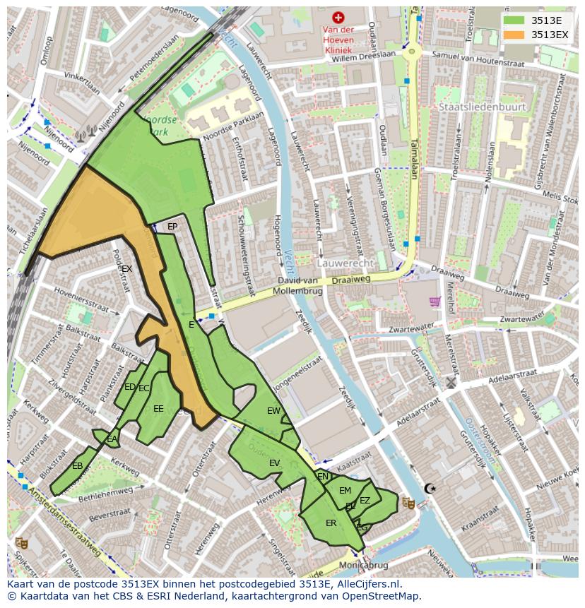 Afbeelding van het postcodegebied 3513 EX op de kaart.
