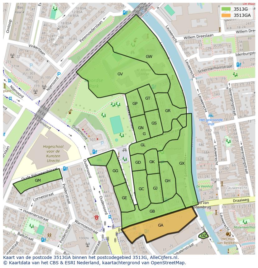 Afbeelding van het postcodegebied 3513 GA op de kaart.