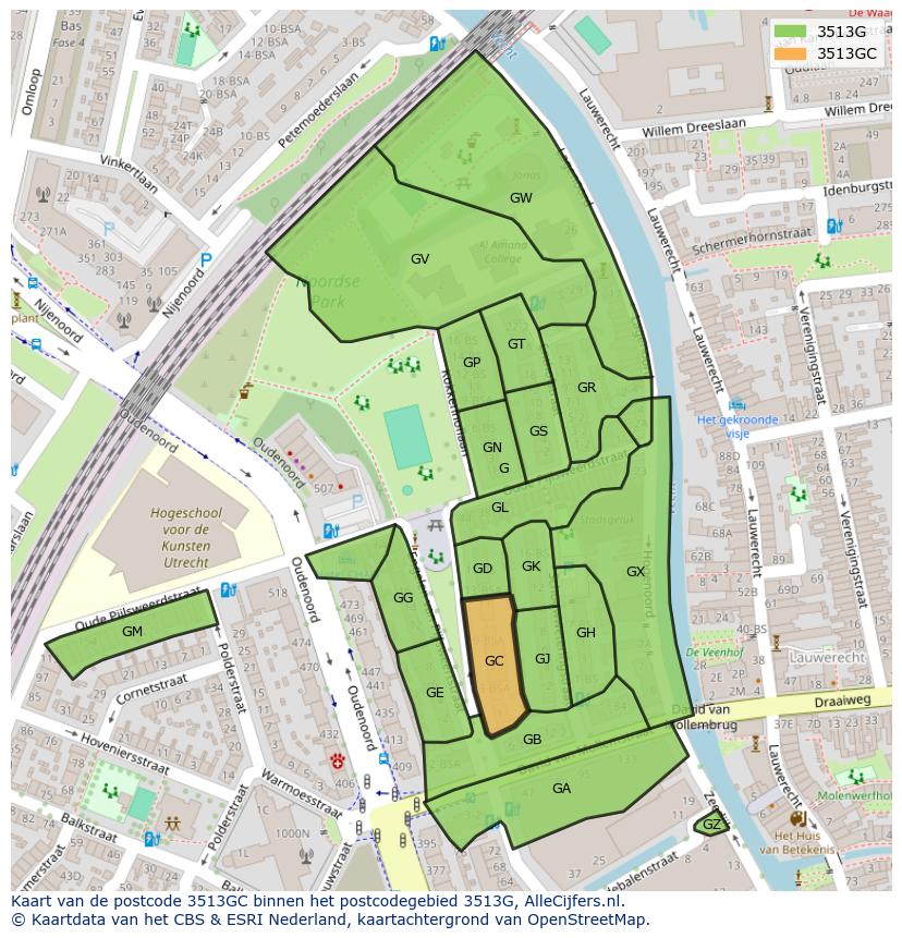 Afbeelding van het postcodegebied 3513 GC op de kaart.