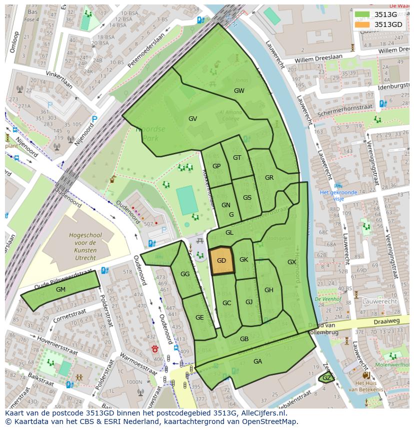 Afbeelding van het postcodegebied 3513 GD op de kaart.
