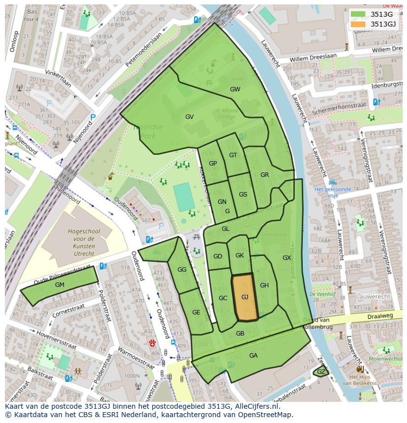 Afbeelding van het postcodegebied 3513 GJ op de kaart.