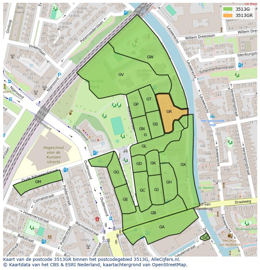 Afbeelding van het postcodegebied 3513 GR op de kaart.