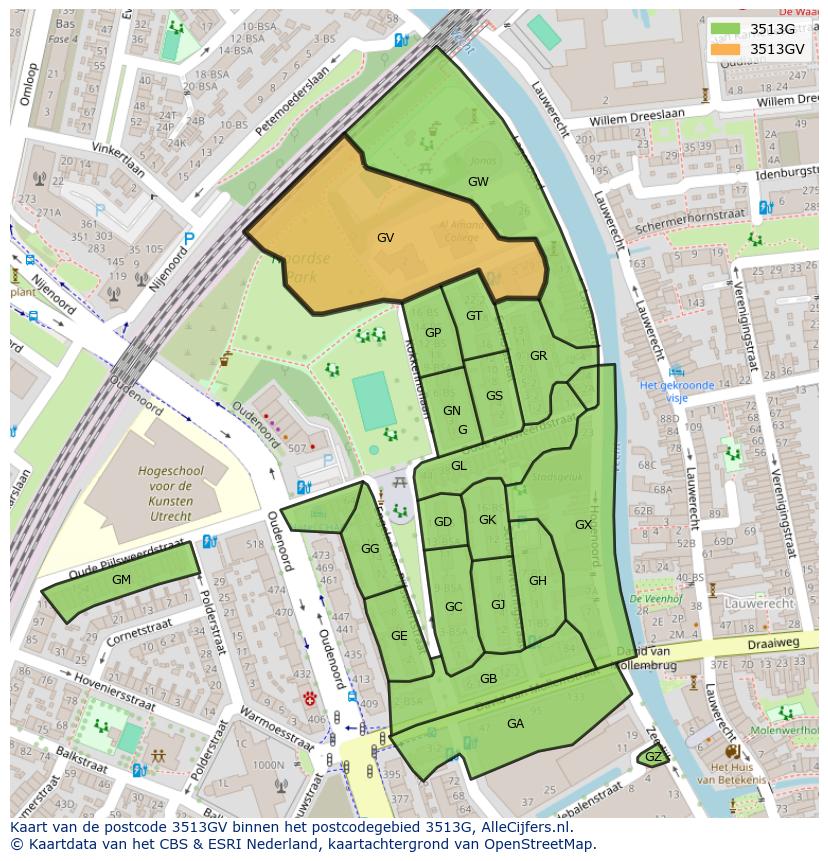 Afbeelding van het postcodegebied 3513 GV op de kaart.