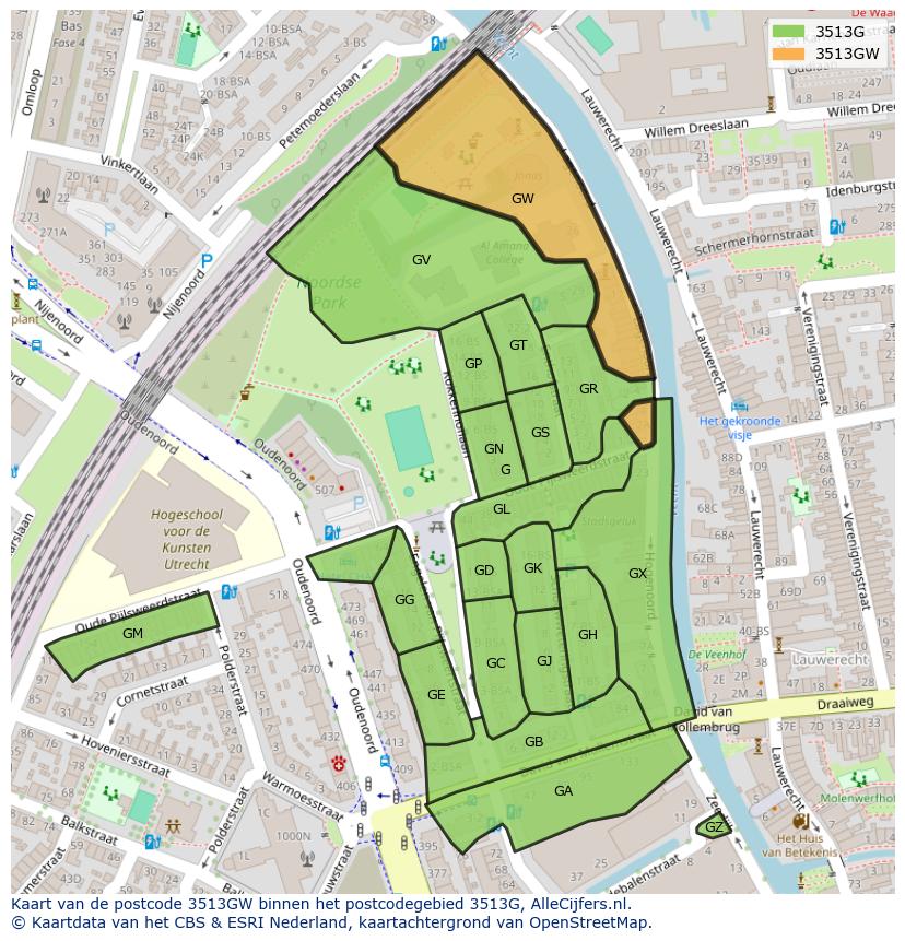Afbeelding van het postcodegebied 3513 GW op de kaart.