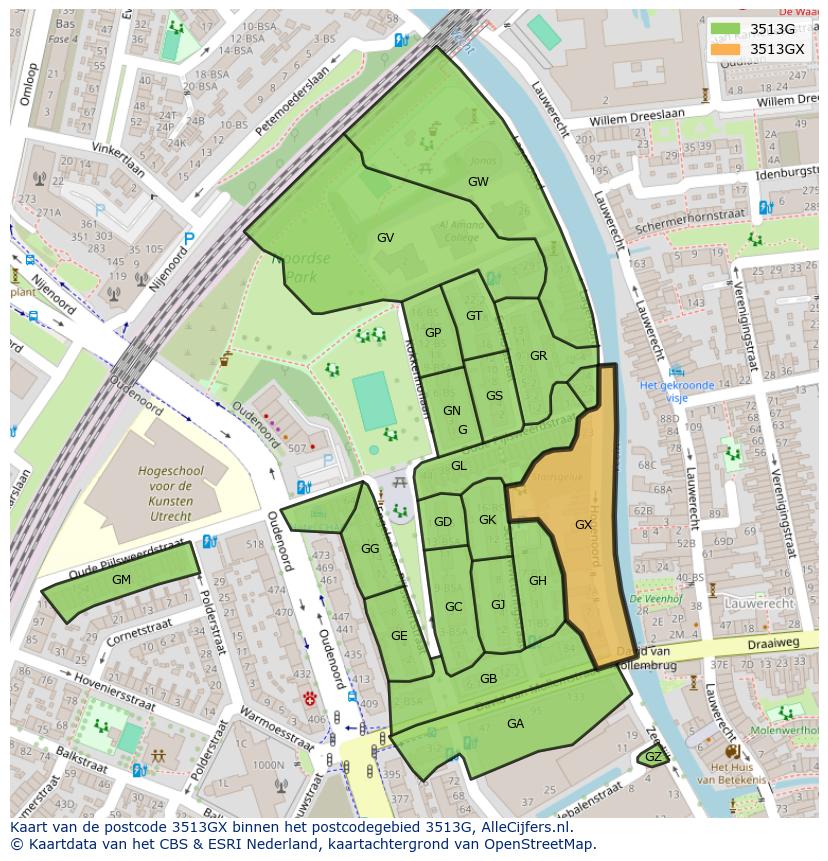 Afbeelding van het postcodegebied 3513 GX op de kaart.
