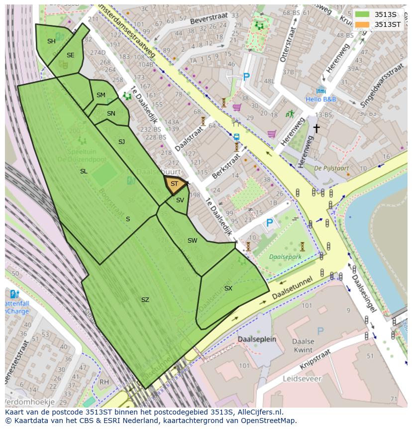 Afbeelding van het postcodegebied 3513 ST op de kaart.