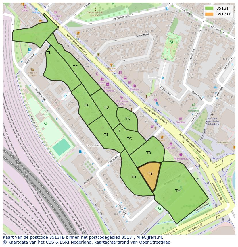 Afbeelding van het postcodegebied 3513 TB op de kaart.