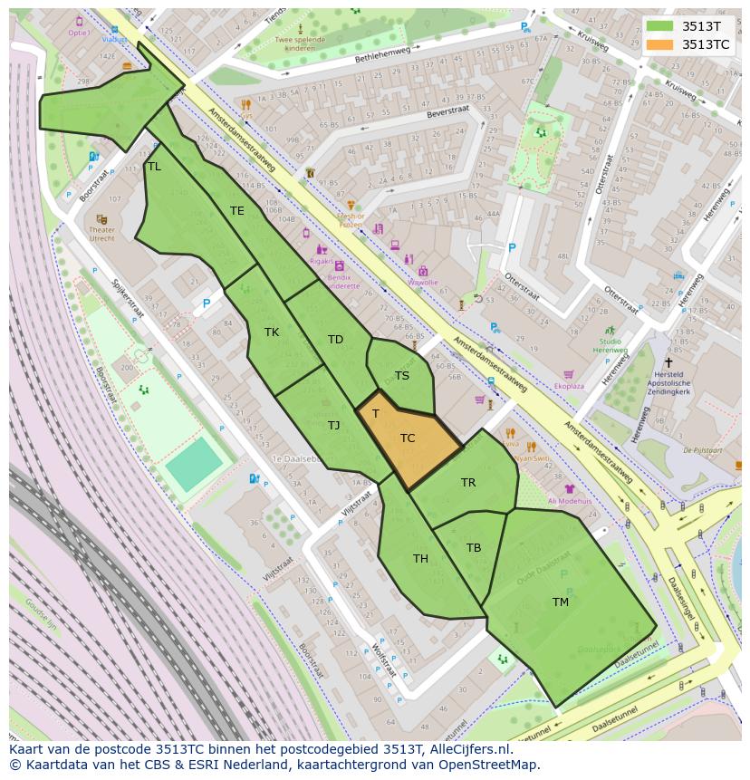 Afbeelding van het postcodegebied 3513 TC op de kaart.