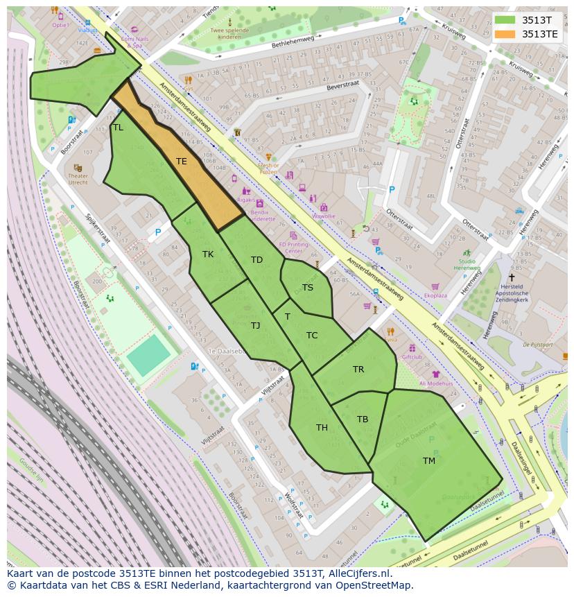 Afbeelding van het postcodegebied 3513 TE op de kaart.